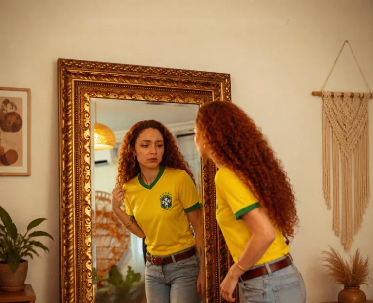 Mulher de camisa amarela da Seleção observa o próprio reflexo em um espelho