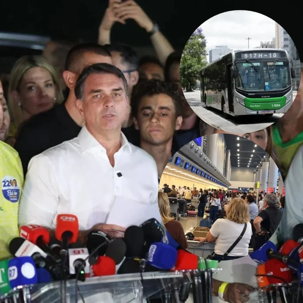 Senador diante de microfones em coletiva, com imagens menores de um ônibus urbano e de uma fila de aeroporto