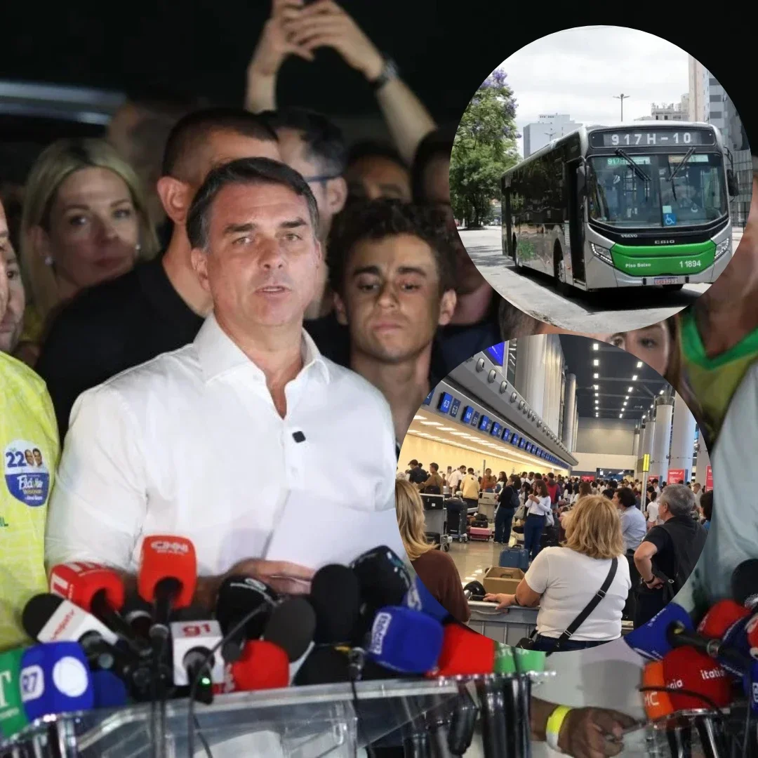 Senador diante de microfones em coletiva, com imagens menores de um ônibus urbano e de uma fila de aeroporto