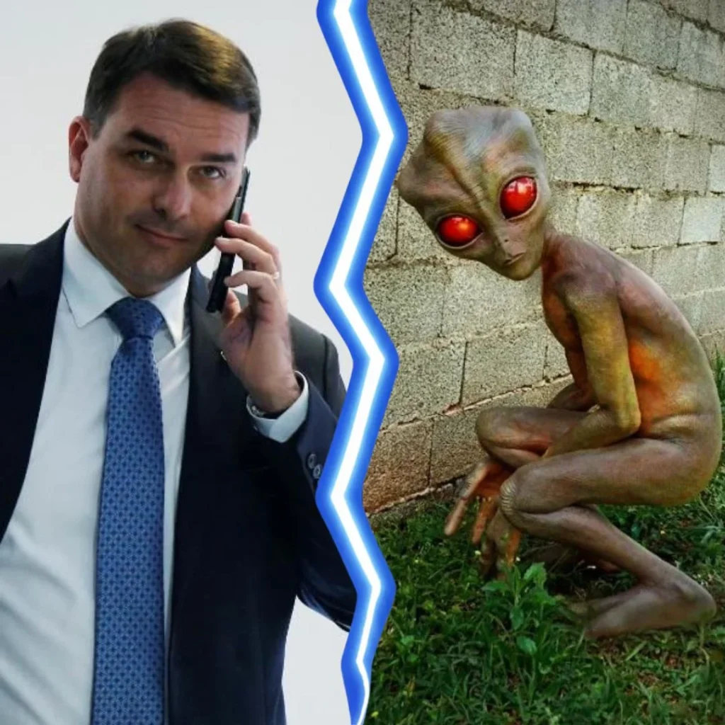 Montagem dividida ao meio: à esquerda um senador ao telefone, à direita a figura conhecida como ET de Varginha