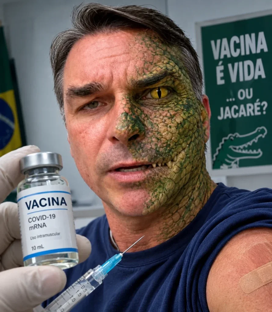 Montagem com metade do rosto de um homem coberta por pele de jacaré, ao lado de um frasco de vacina e de um cartaz escrito Vacina é vida ou jacaré