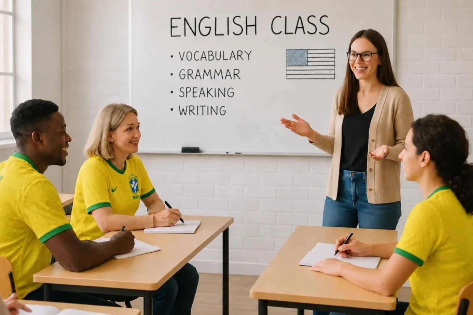 Professora diante de um quadro branco com a inscrição English Class e alunos de camisa amarela da Seleção
