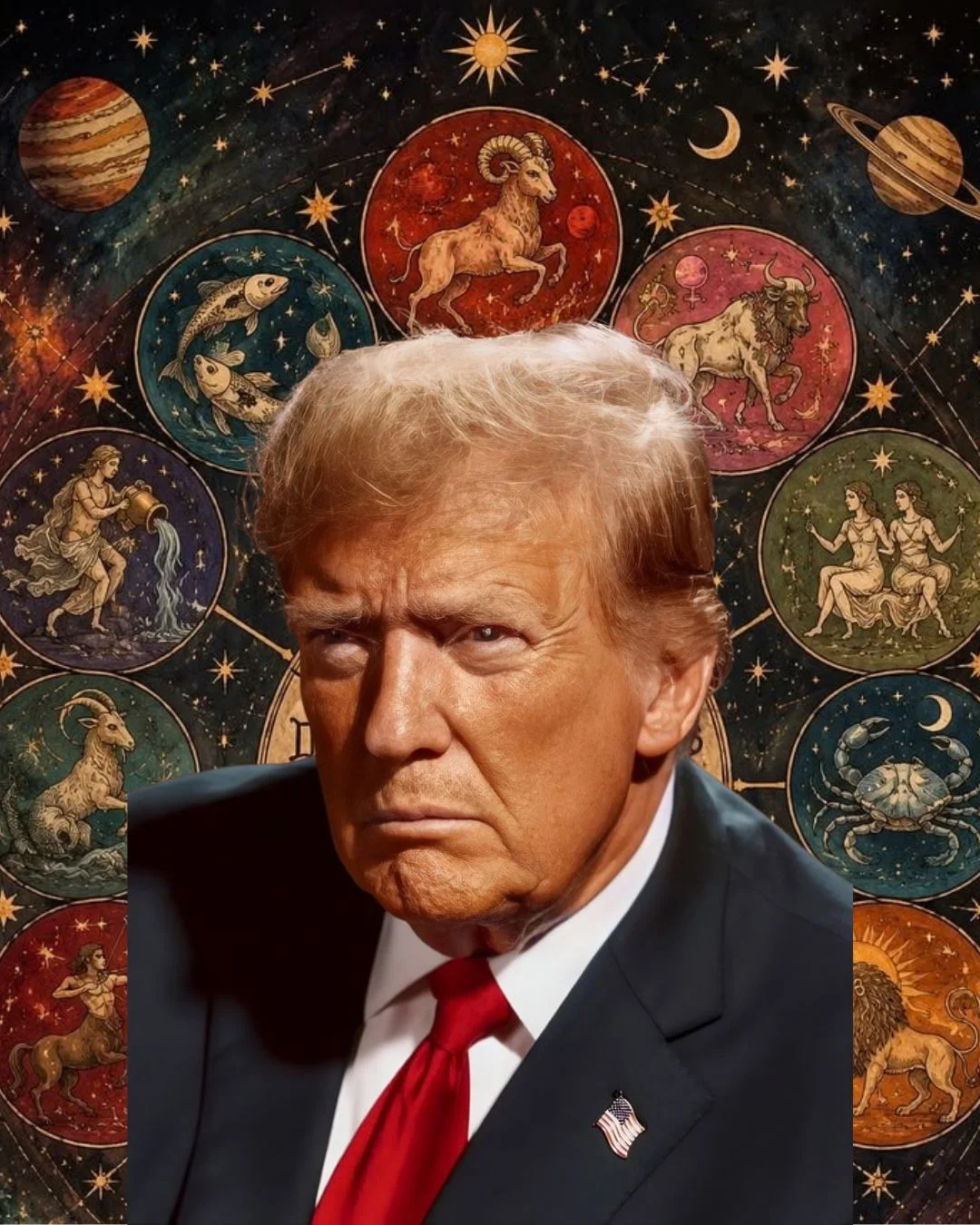 Montagem com o presidente dos Estados Unidos diante de uma roda com os signos do zodíaco